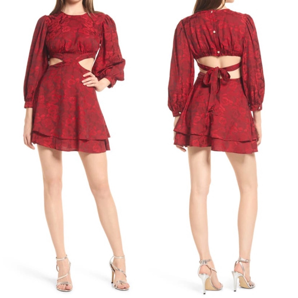 NEW RAHI Ruby Red FLORA Cutout Waist LONG SLEEVE Puff Sleeve MINI DRESS XL